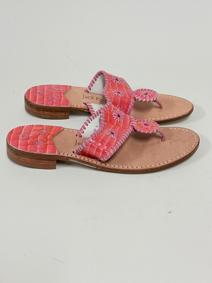 Lynn's Closet Boutique Jack Rogers fuchsia and purple crocodile embossed leather Navajo sandals with whipstitch detail.