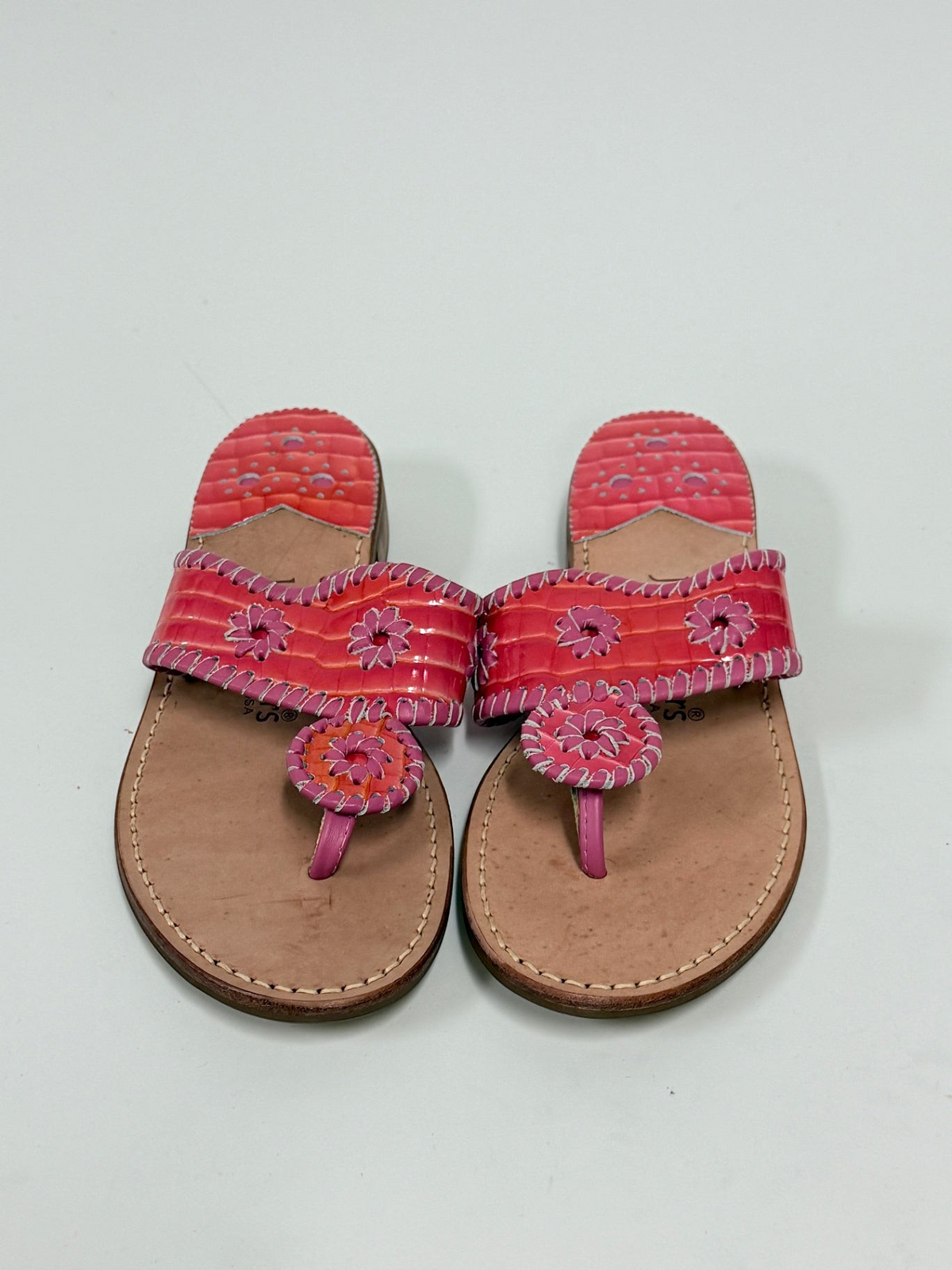 Lynn's Closet Boutique fuchsia and purple crocodile embossed leather Navajo sandals with signature whipstitch detailing