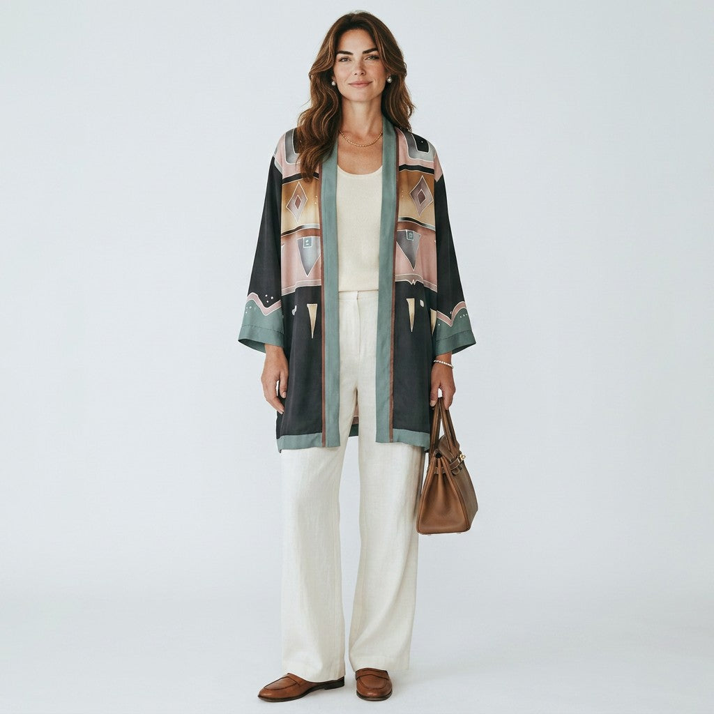 Model wearing a Lynn's Closet Boutique open-front kimono with a geometric print in black, teal, and mocha tones.