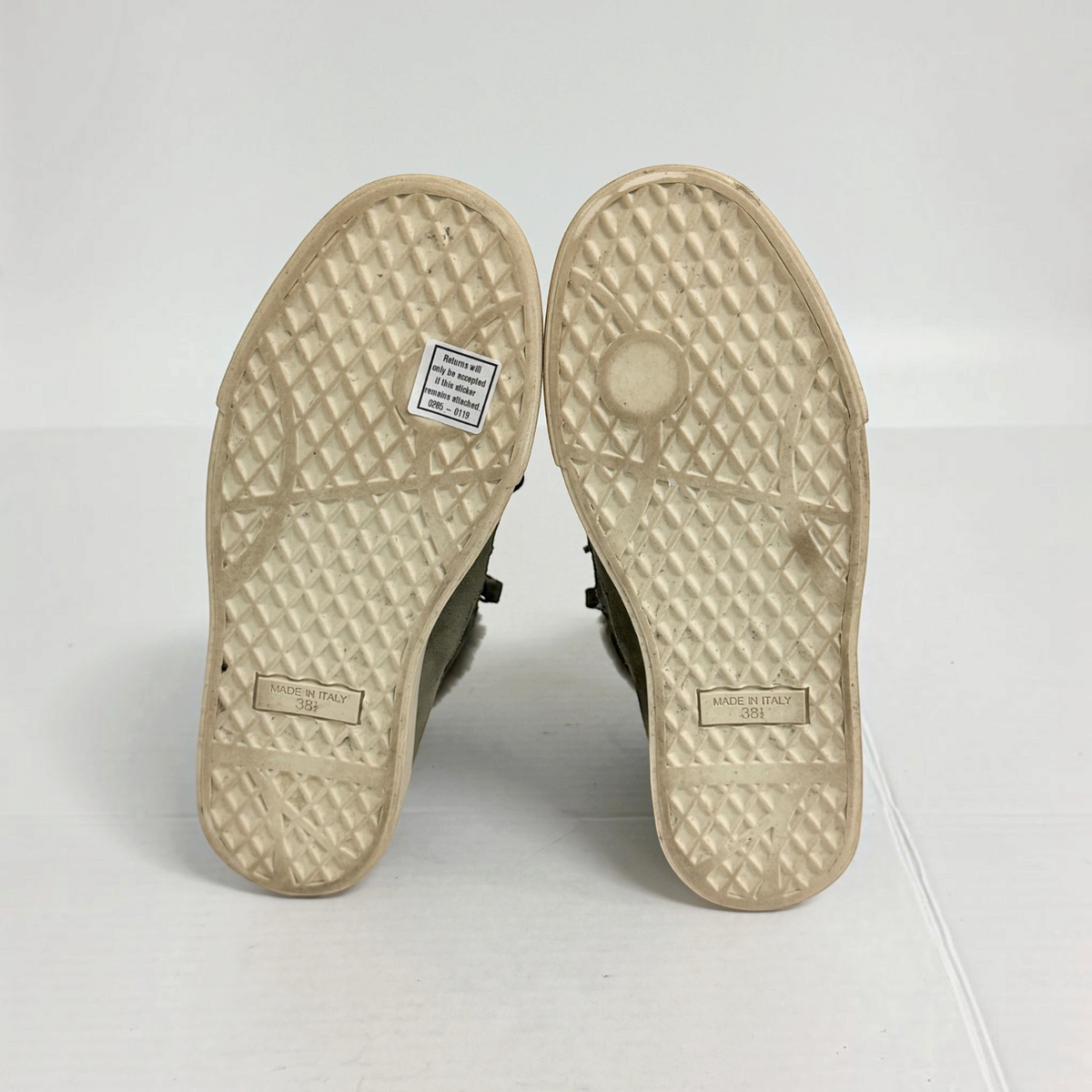 Lynn's Closet Boutique Giuseppe Zanotti olive suede sneaker outsoles showing size 38.5 and Italian craftsmanship