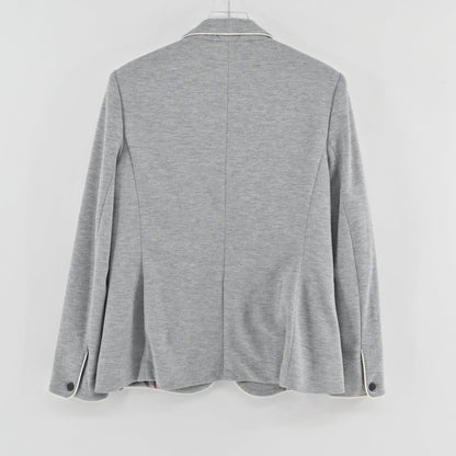 Lynn's Closet Boutique Tommy Hilfiger gray knit blazer with white piping, back view of size 14 jacket