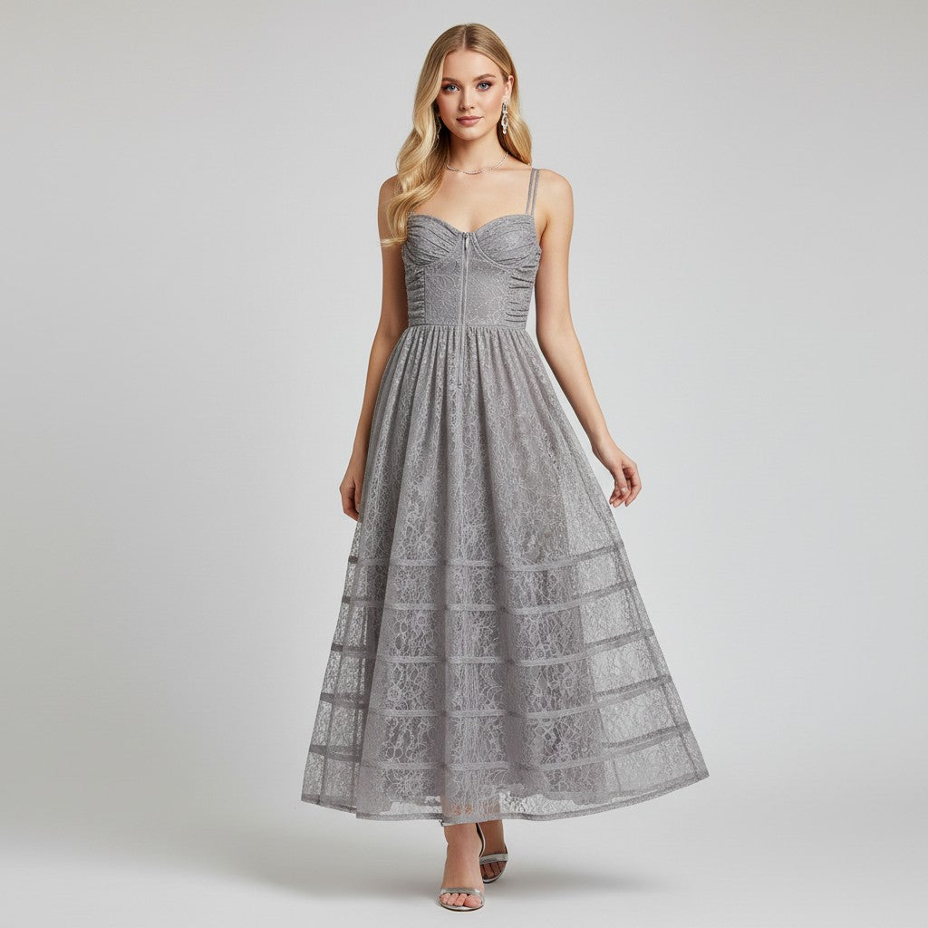 Lynn's Closet Boutique Betsey Johnson gray lace midi dress with a sweetheart neckline and front zipper detail.