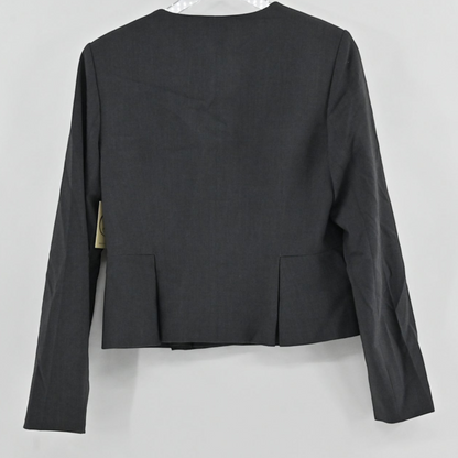 Lynn's Closet Boutique Calvin Klein charcoal gray collarless suit jacket, back view showing tailored pleat detail.