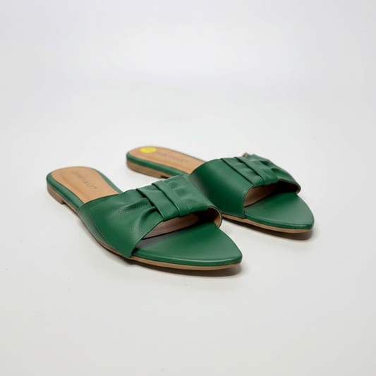 Lynn's Closet Boutique Alvin Valley green pointed-toe flat sandals with a pleated bow accent on a white background.