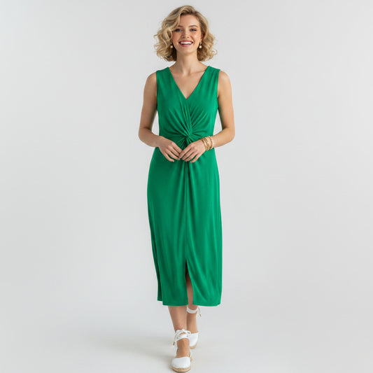 Lynn's Closet Boutique green sleeveless V-neck midi dress with knot detail and front slit, size 10.