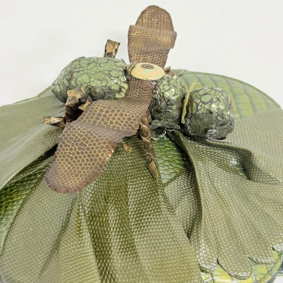 Lynn's Closet Boutique green leather grasshopper bag with sculptural insect detail and textured Italian craftsmanship