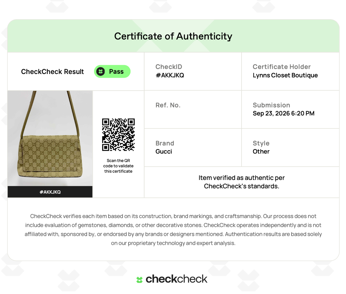 Lynn's Closet Boutique CheckCheck certificate of authenticity for a vintage beige Gucci GG canvas shoulder bag