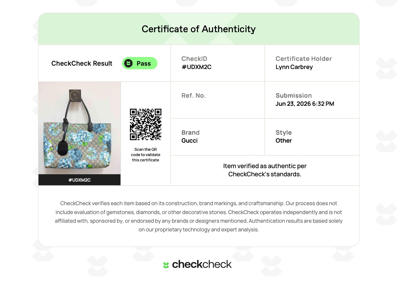 Lynn's Closet Boutique Gucci GG Supreme Blooms floral tote bag shown on a CheckCheck certificate of authenticity