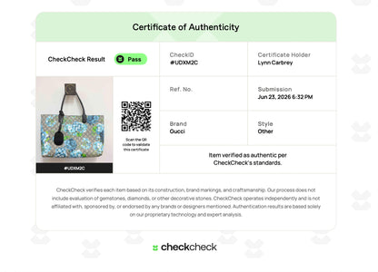 Lynn's Closet Boutique Gucci GG Supreme Blooms floral tote bag shown on a CheckCheck certificate of authenticity
