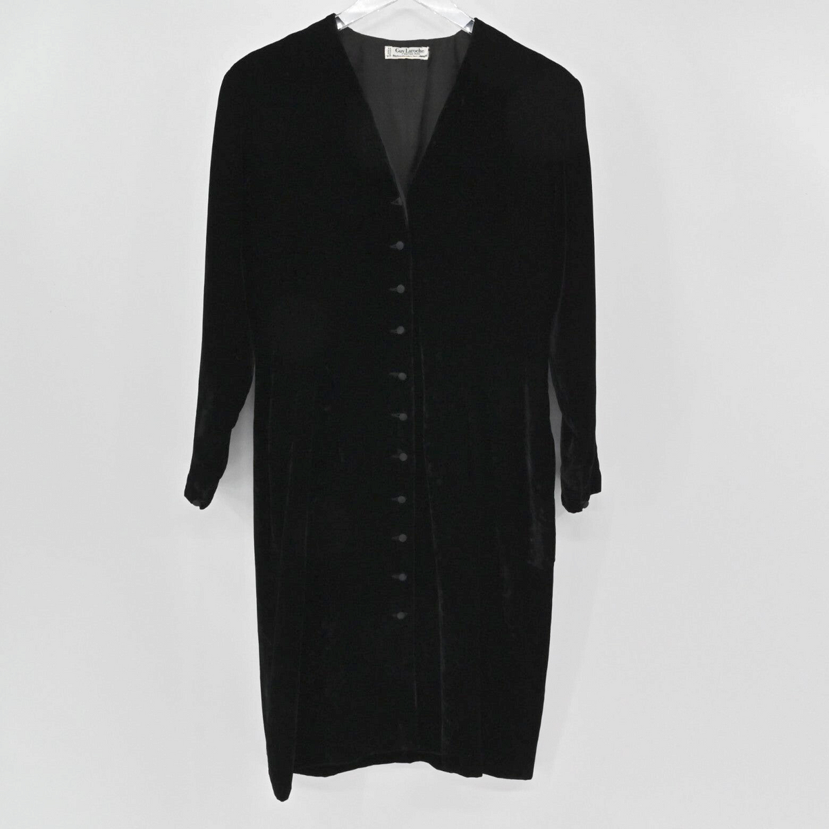 Lynn's Closet Boutique vintage 80s Guy Laroche black velvet long sleeve dress with a V-neck and button-front closure.