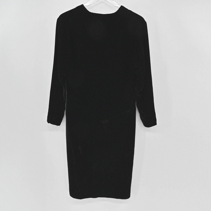 Lynn's Closet Boutique vintage 80s Guy Laroche black velvet long sleeve dress, back view on hanger.