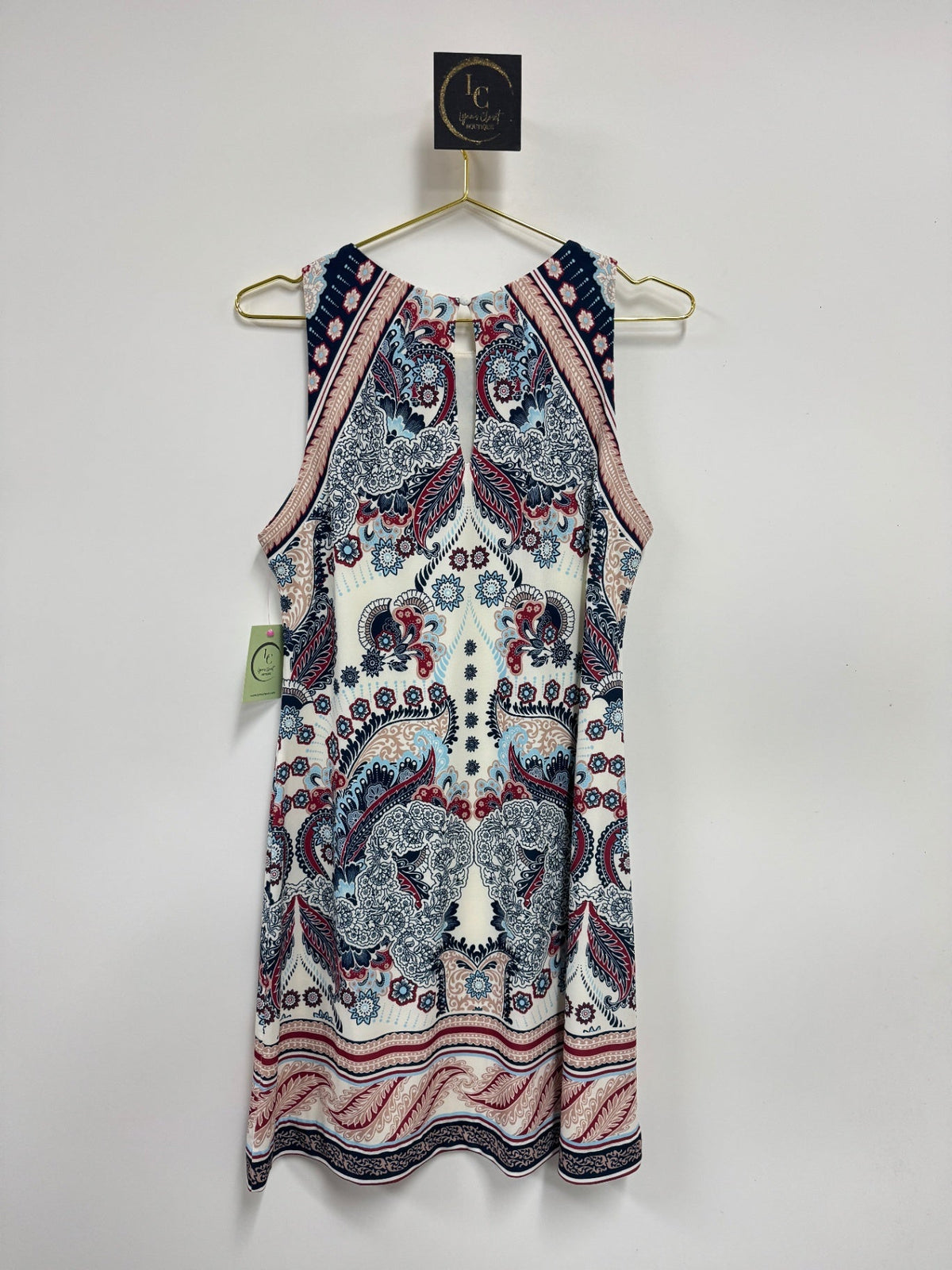Lynn's Closet Boutique Hale Bob sleeveless mini dress featuring a vibrant navy, cream, and red paisley print.