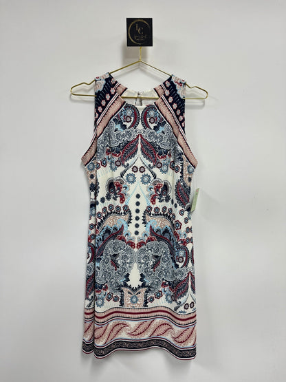 Lynn's Closet Boutique Hale Bob sleeveless mini shift dress featuring a vibrant navy, cream, and red paisley print.