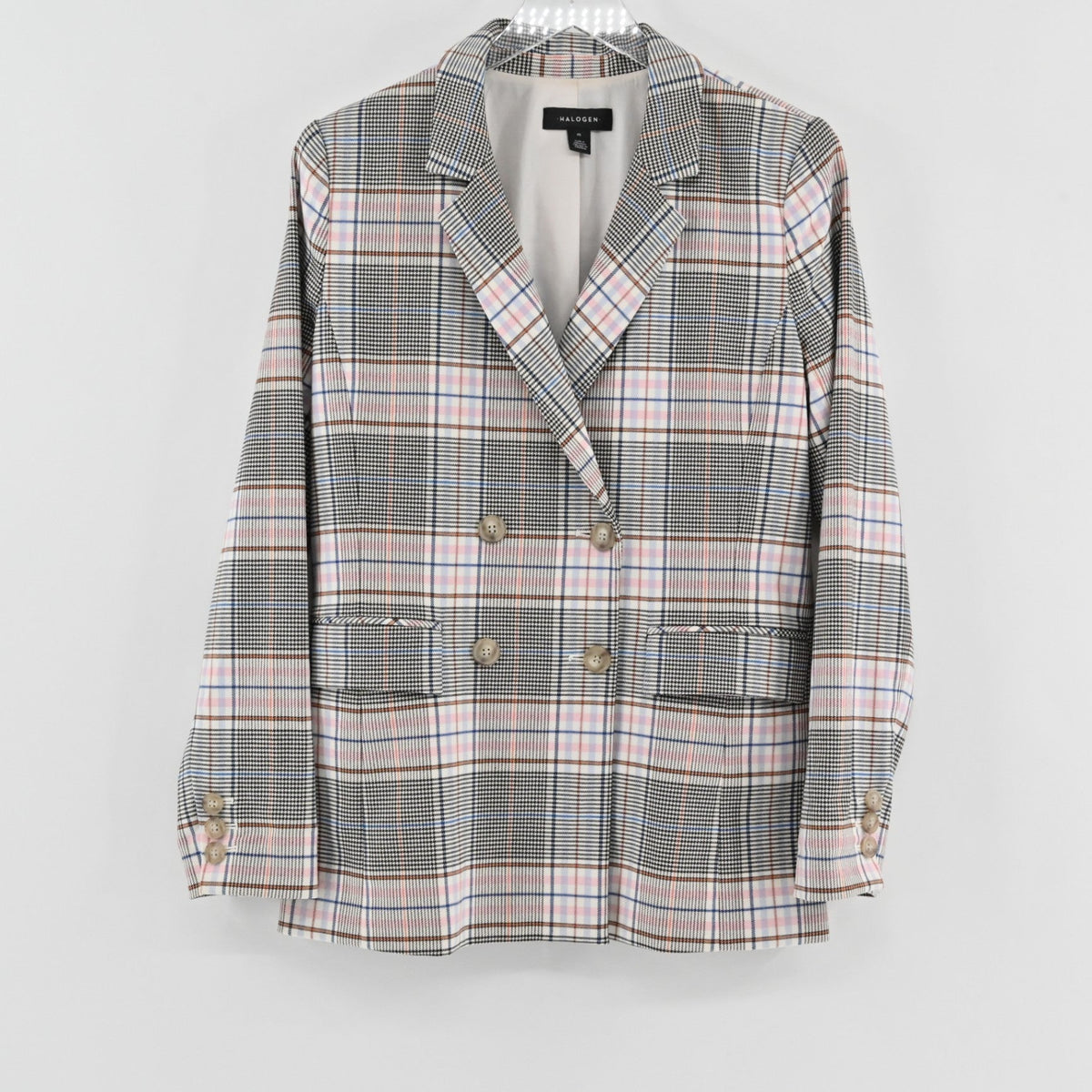 Lynn's Closet Boutique Halogen double-breasted plaid blazer in white, black, brown, and pink with button cuffs.