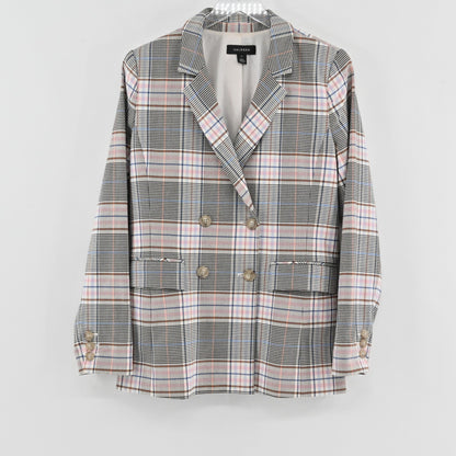 Lynn's Closet Boutique Halogen double-breasted plaid blazer in white, black, brown, and pink with button cuffs.