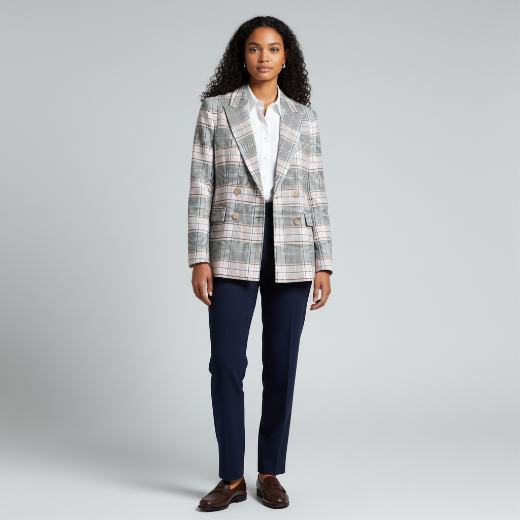 Model wearing a Lynn's Closet Boutique Halogen double-breasted plaid blazer with white shirt and navy trousers