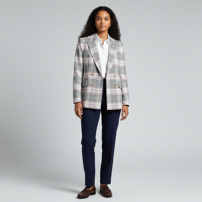 Model wearing a Lynn's Closet Boutique Halogen double-breasted plaid blazer with white shirt and navy trousers