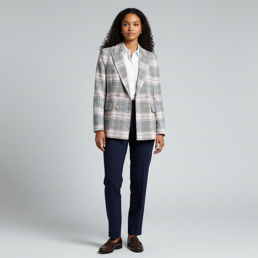 Model wearing a Lynn's Closet Boutique Halogen double-breasted plaid blazer with white shirt and navy trousers