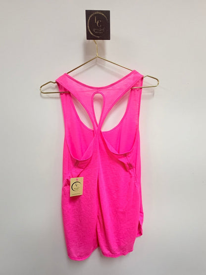 Lynn's Closet Boutique hot pink Lilly Pulitzer Luxletic racerback tank top with cutout detail on a hanger