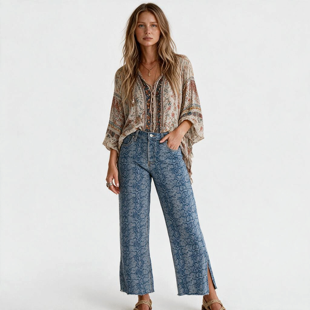 Lynn's Closet Boutique Hudson blue snakeskin print straight-leg jeans with raw frayed hem and side slits on a model