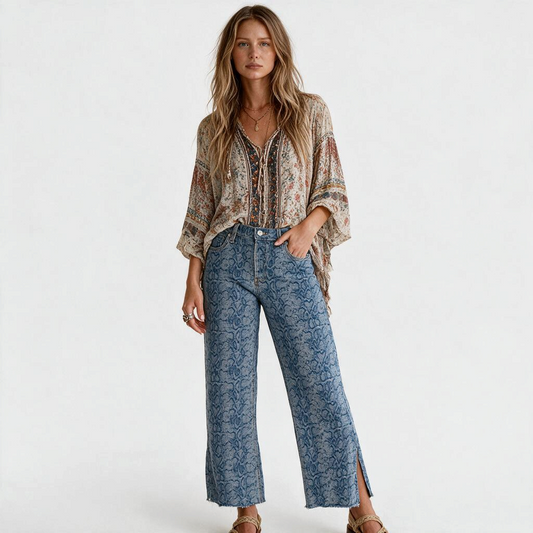 Lynn's Closet Boutique Hudson blue snakeskin print straight-leg jeans with raw frayed hem and side slits on a model