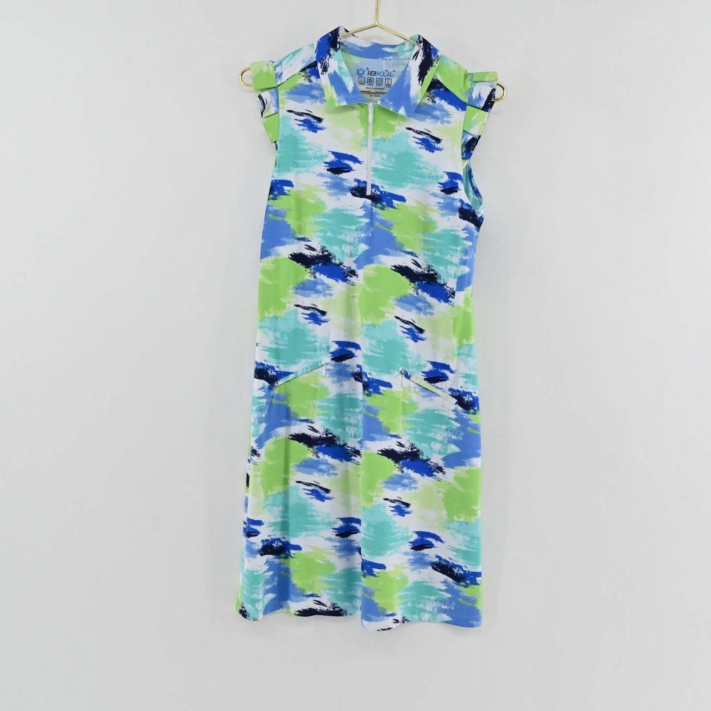Lynn's Closet Boutique Ibkul sleeveless athletic dress in a green, blue, and white abstract brushstroke print.