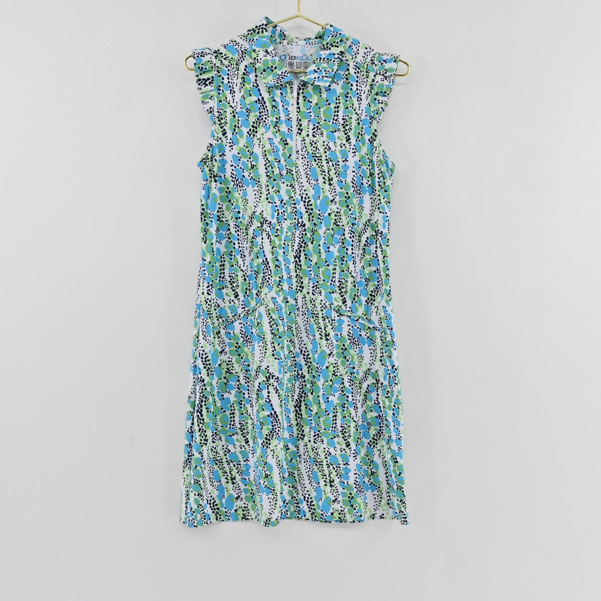 Lynn's Closet Boutique Ibkul sleeveless athletic dress in a blue and green abstract print with a quarter-zip collar.