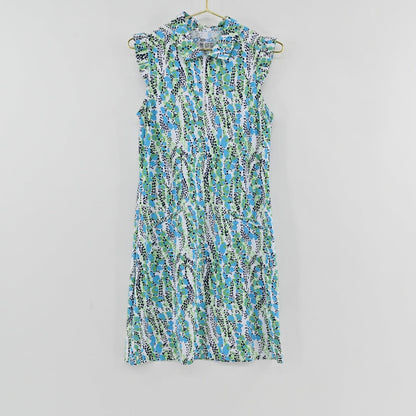 Lynn's Closet Boutique Ibkul sleeveless athletic dress in a blue and green abstract print with a quarter-zip collar.