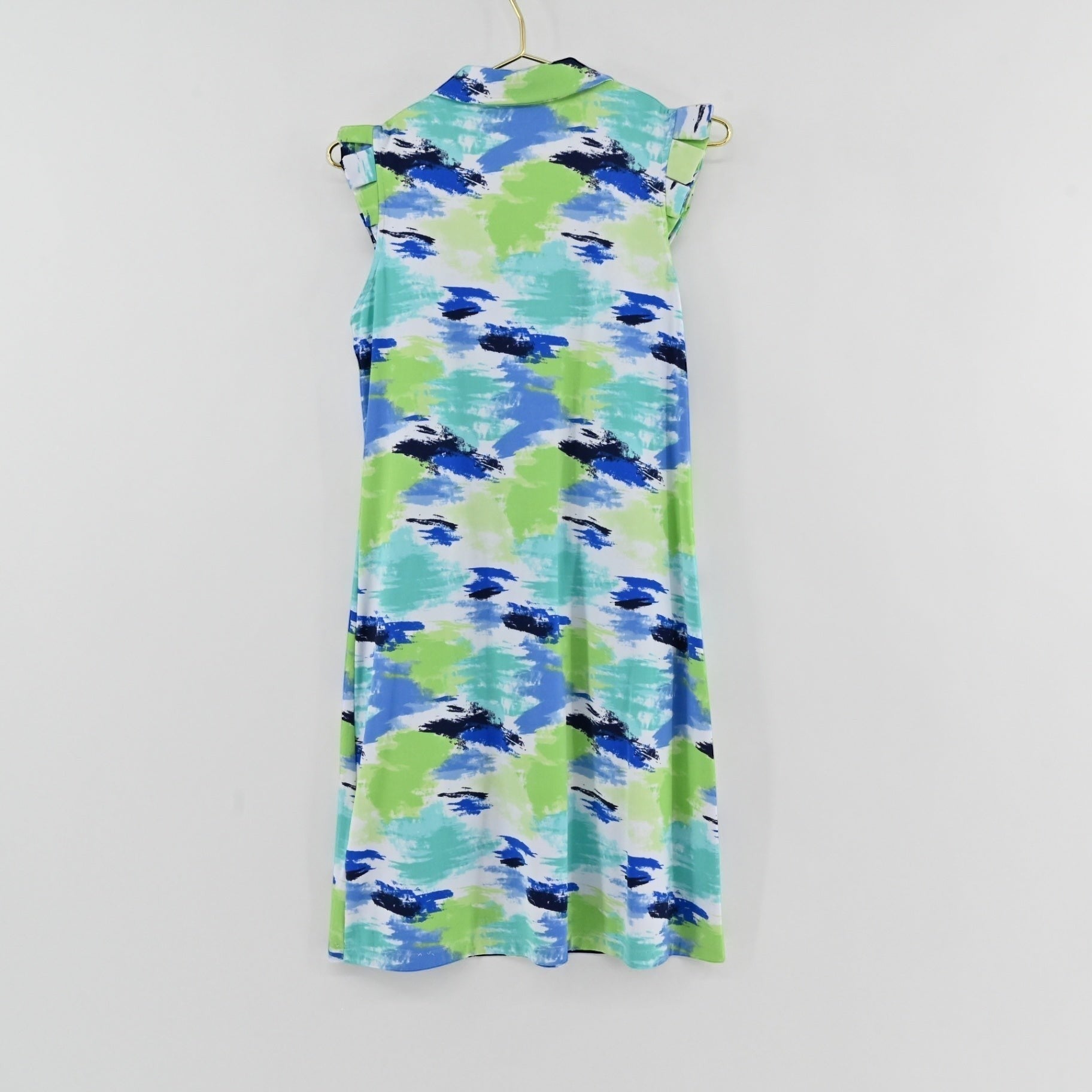 Lynn's Closet Boutique Ibkul sleeveless athletic dress in a green, blue, and white abstract brushstroke print.