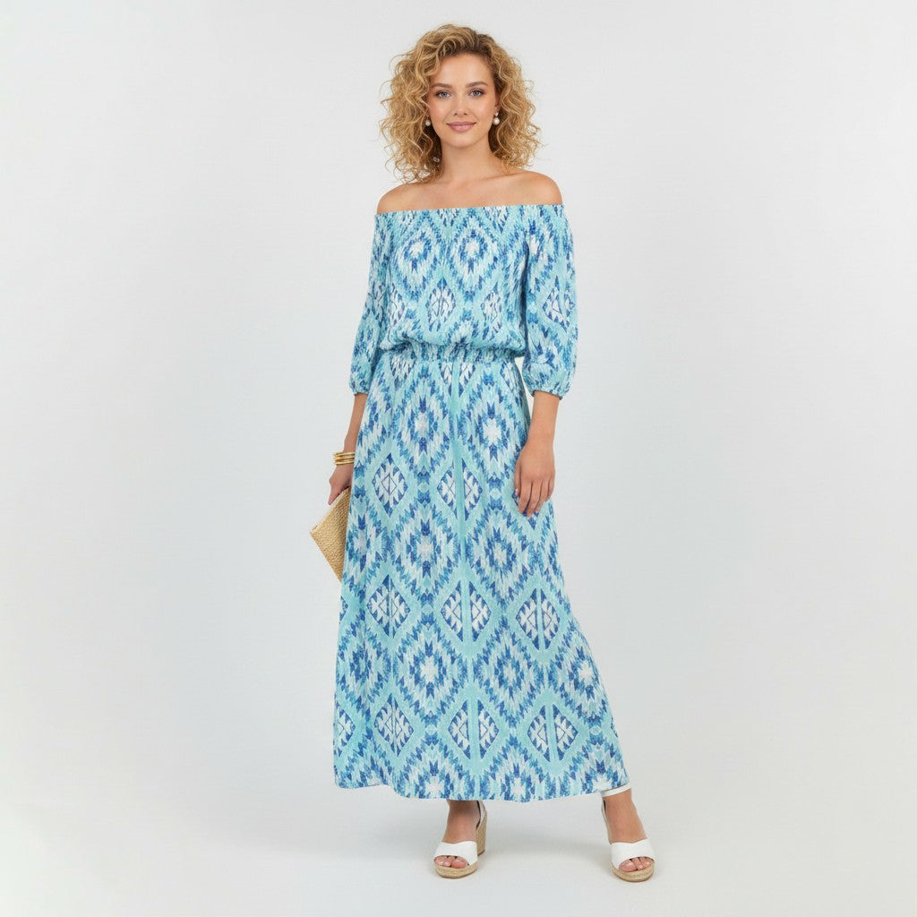 Lynn's Closet Boutique blue and white ikat print maxi dress with elasticized neckline and waist, one size.