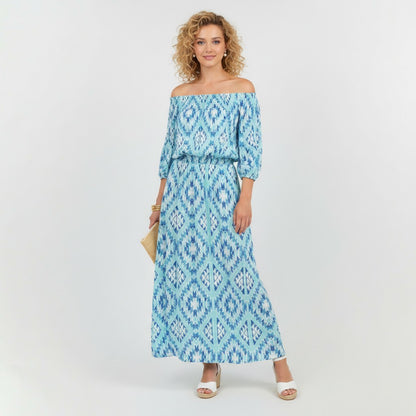 Lynn's Closet Boutique blue and white ikat print maxi dress with elasticized neckline and waist, one size.