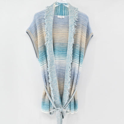 Lynn's Closet Boutique Intermix sleeveless knit cardigan in blue, cream, and sand gradient with fringe collar and belt