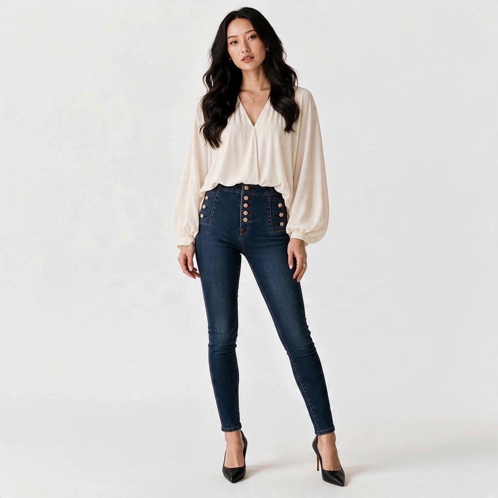 Lynn's Closet Boutique J Brand Natasha high-rise skinny jeans in dark wash with exposed button-fly on a model