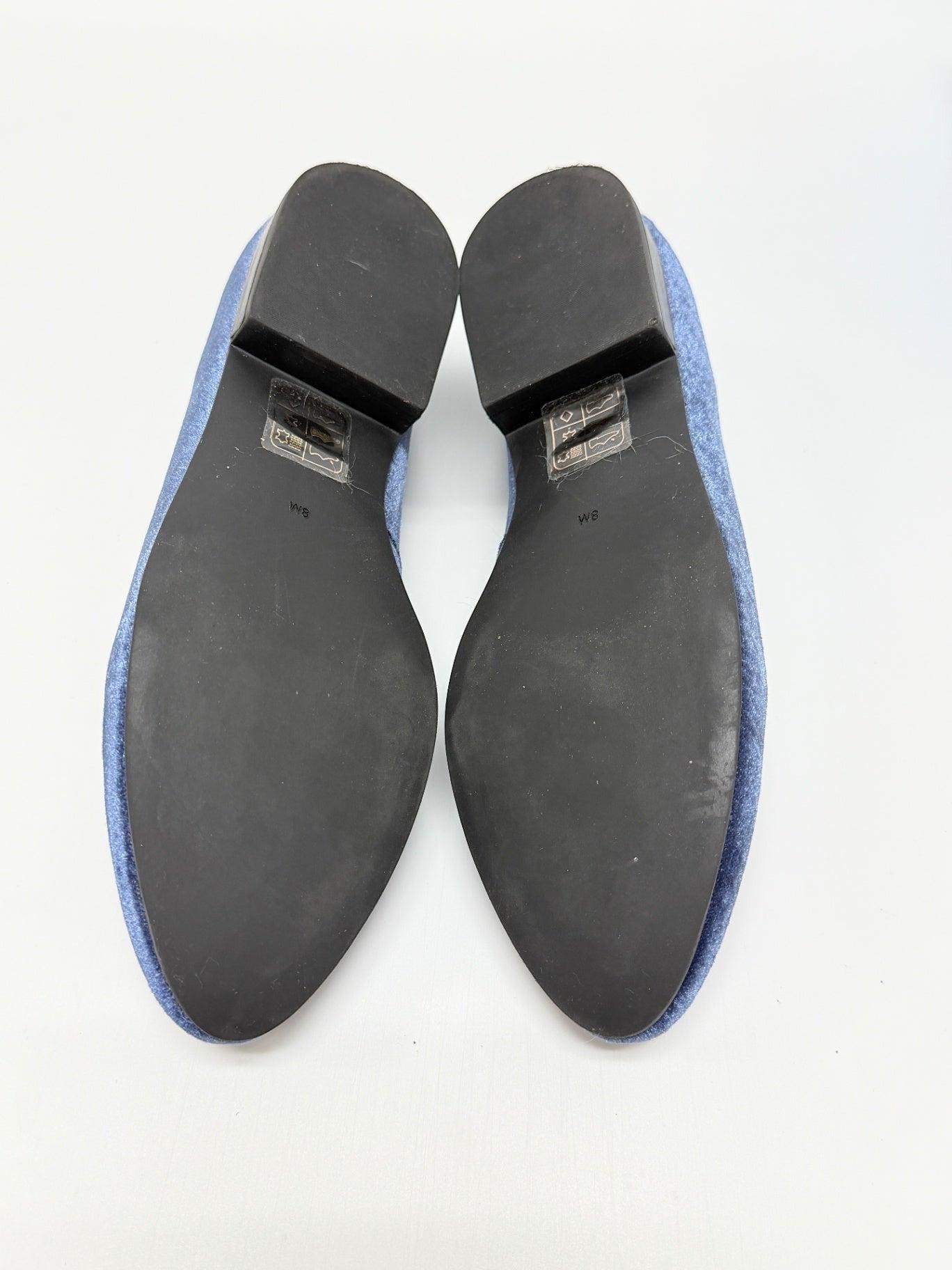 Lynn's Closet Boutique Jack Rogers navy velvet loafers showing the black soles and size 8 labels