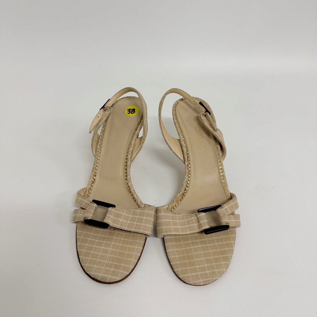 Lynn's Closet Boutique Jimmy Choo beige grid fabric slingback kitten heels with black buckle detail
