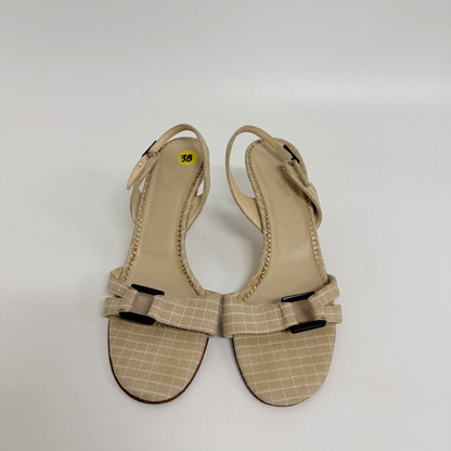 Lynn's Closet Boutique Jimmy Choo beige grid fabric slingback kitten heels with black buckle detail