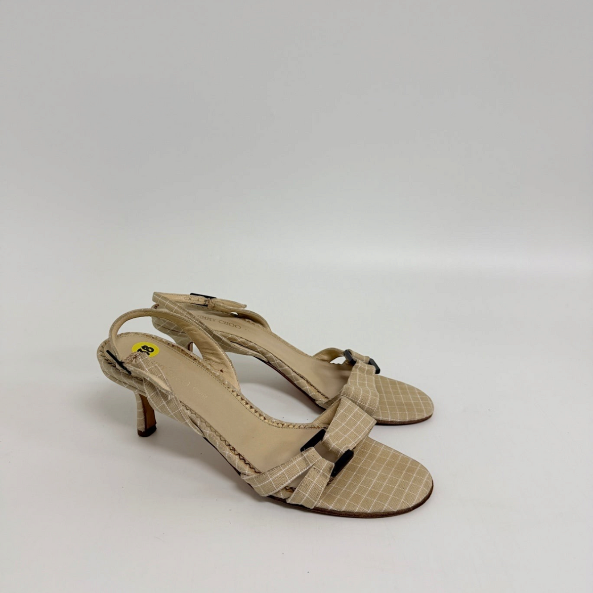 Lynn's Closet Boutique beige grid fabric slingback kitten heels with buckle detail by Jimmy Choo