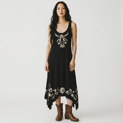Lynn's Closet Boutique Johnny Was LA black sleeveless midi dress with white floral embroidery and handkerchief hem