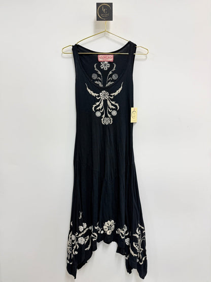 Lynn's Closet Boutique black sleeveless midi dress by Johnny Was LA featuring intricate white floral embroidery and a handkerchief hem.