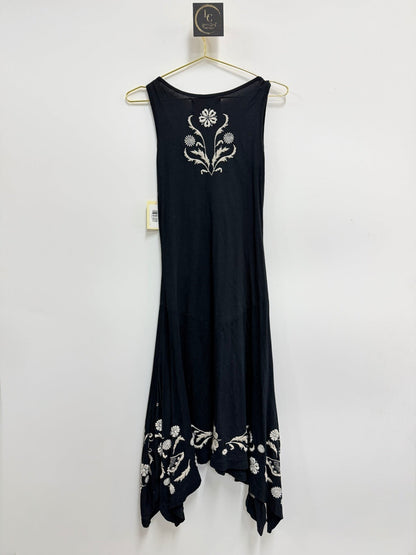 Lynn's Closet Boutique black sleeveless midi dress by Johnny Was LA featuring white floral embroidery and handkerchief hem