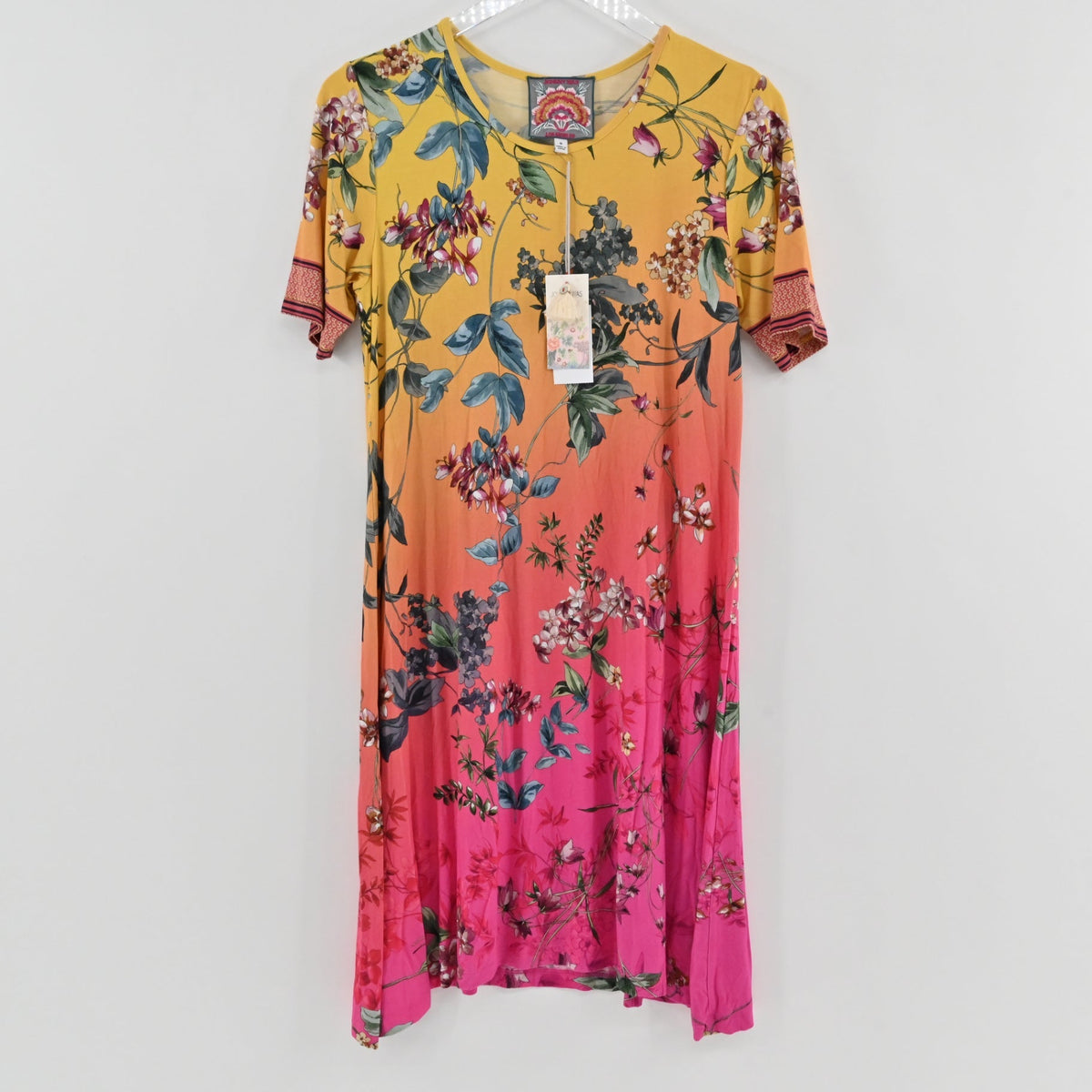 Lynn's Closet Boutique Johnny Was floral swing dress in a yellow to pink gradient viscose blend with short sleeves.