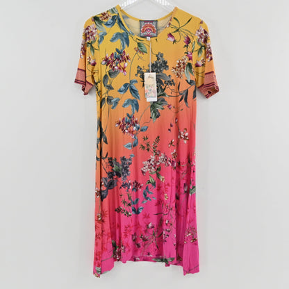 Lynn's Closet Boutique Johnny Was floral swing dress in a yellow to pink gradient viscose blend with short sleeves.