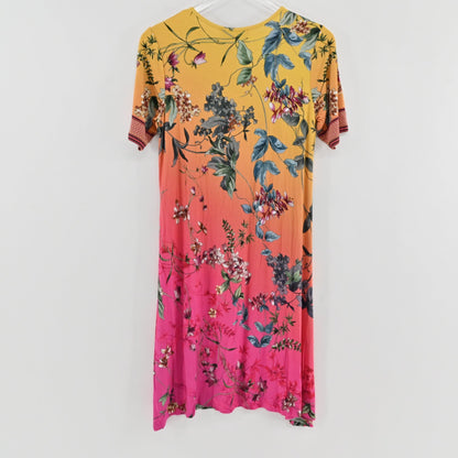 Lynn's Closet Boutique Johnny Was Emboy swing dress featuring a yellow to pink gradient with floral print.