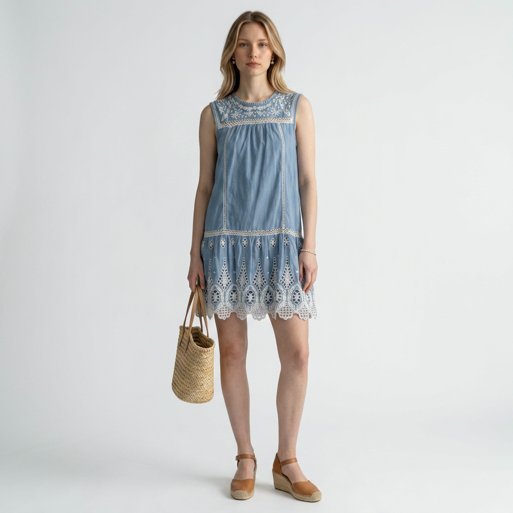 Lynn's Closet Boutique Joie dusty blue mini dress with white floral embroidery, eyelet lace hem, and ladder-stitch trim.