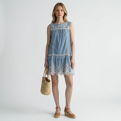 Lynn's Closet Boutique Joie dusty blue mini dress with white floral embroidery, eyelet lace hem, and ladder-stitch trim.