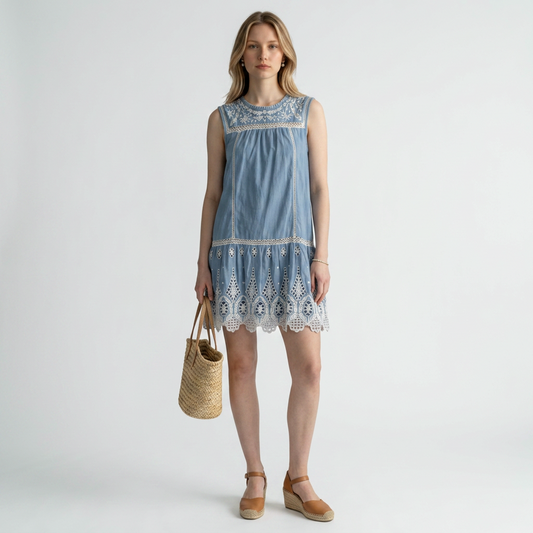 Lynn's Closet Boutique Joie dusty blue mini dress with white floral embroidery, eyelet lace hem, and ladder-stitch trim.