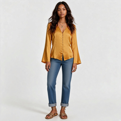 Model wearing Lynn's Closet Boutique Joie Madora golden-mustard silky bell sleeve top with V-neck and button front.
