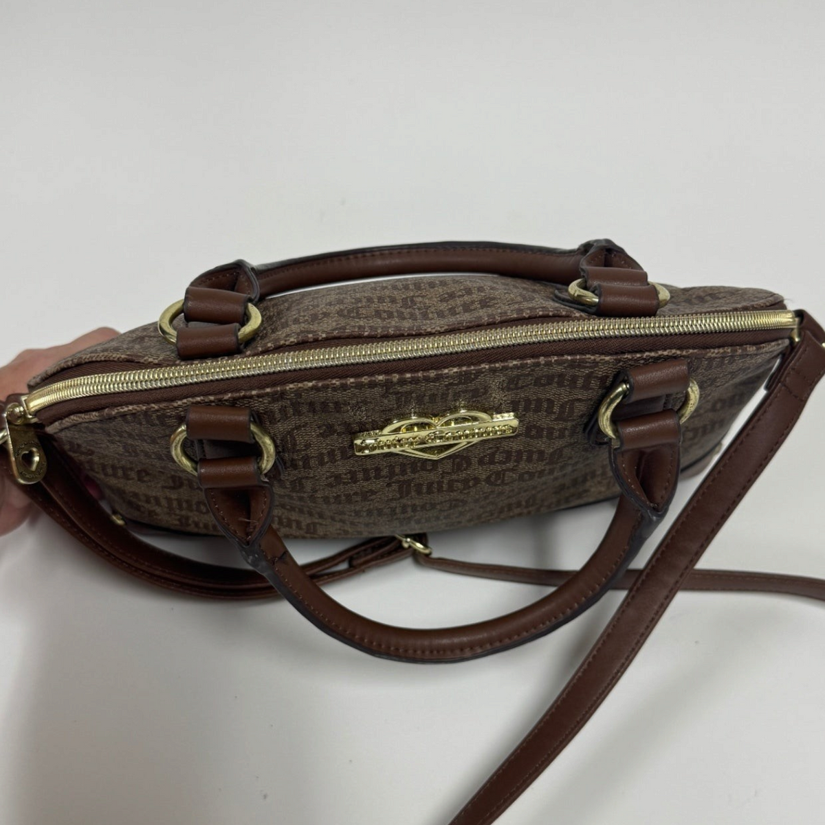 Lynn's Closet Boutique Juicy Couture chestnut and chino dome satchel with gold heart logo and top zip closure