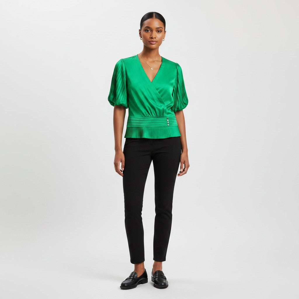 Lynn's Closet Boutique Karl Lagerfeld Kelly Green Satin V-Neck Top with Puffed Pleated Sleeves and Button Detail