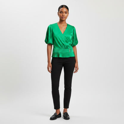 Lynn's Closet Boutique Karl Lagerfeld Kelly Green Satin V-Neck Top with Puffed Pleated Sleeves and Button Detail